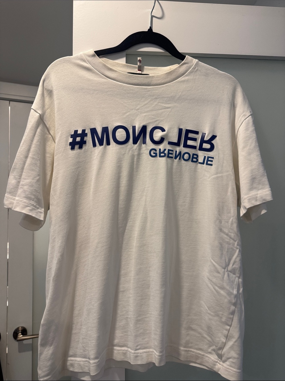 Moncler White Short-Sleeve Tee with Blue Logo Print